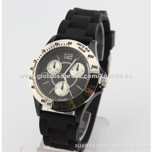 Man sports watch, metal bezel on case, soft silicone band, 3atm waterproof